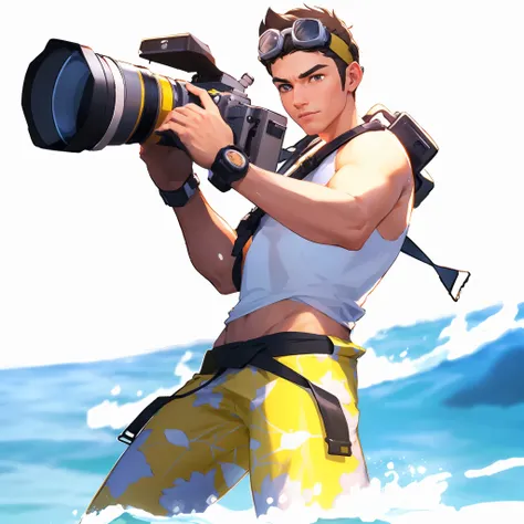 shuIn a white shirt，half body view,A handsome man standing at sea, Look away，short black hair, swimming goggles on his head, carrying a camera, camera on his shoulder, grabbing the camera with both hands, side view, cartoonishly handsome man with camera on...