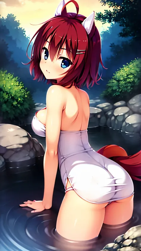 best quality,ultra detailed,extremely detailed and beautiful,perfect anatomy,perfect hands,looking back,from behind,(masaki gaillard),wolf girl,(dog tail),animal ears,ahoge,red hair,short hair,blue eyes,breasts,x hairclip,(bath towel:1.2),ass,onsen,steam,f...