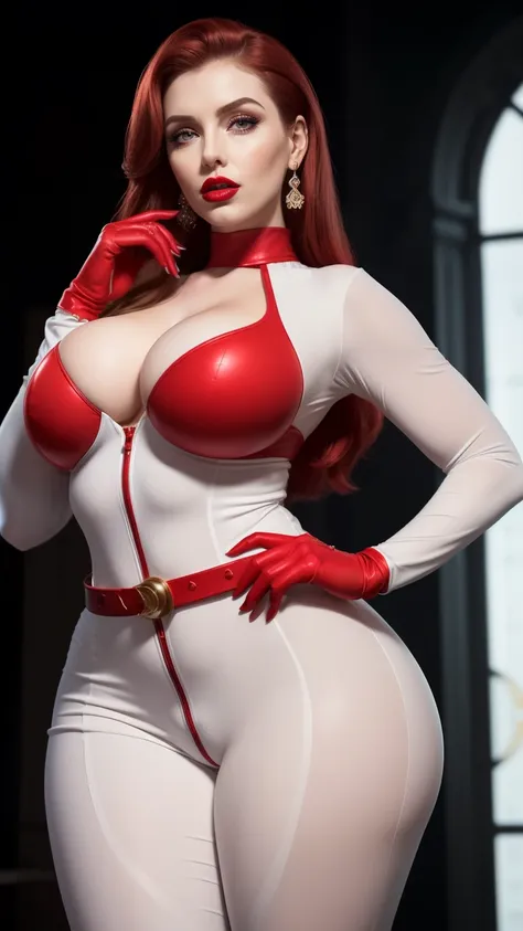 stunning woman in a white jumpsuit with red belt and red gloves, of power, giant and impressive photo of the goddess, amouranth ...