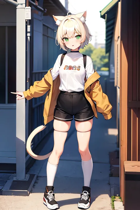 nekomimi, anime girl, green eyes, big oversized brown jacket, white short hair, catgirl, cute anime, cute character, full body adoptable, cute anime style, very beautiful. calico coloration, white school shirt, black shorts, leg warmers, white shark tail