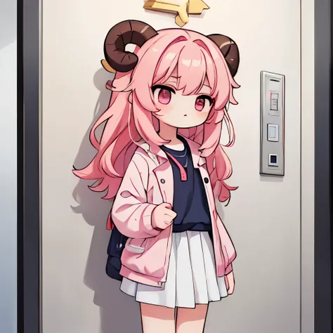 An anime-style illustration of ‘Fua-chan’ staring into space inside an elevator. Fua-chan has distinctive features: long pink hair styled in soft curls resembling sheep’s horns, and pink eyes. She is depicted standing or leaning against the wall inside the...