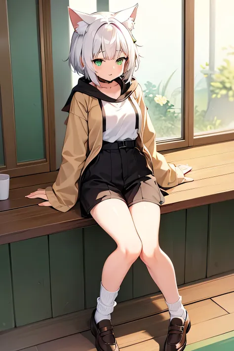 nekomimi, anime girl, green eyes, big oversized brown jacket, white short hair, catgirl, cute anime, cute character, full body adoptable, cute anime style, very beautiful. calico coloration, white school shirt, black shorts, leg warmer socks