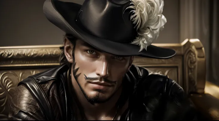 masterpiece, best quality, extremely detailed, hyperrealistic, photorealistic, a cool 40s man, ultra detailed face:1.2, extreme close-up shot, black hat with feathers, serene:1.1, sitting sofa, crossed legs, talking to the left side