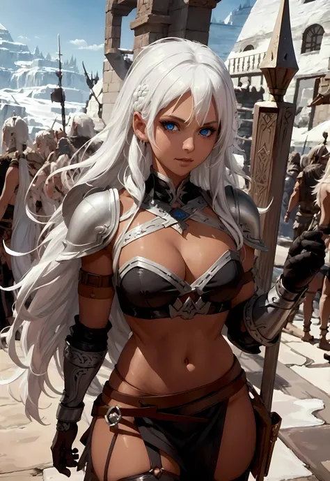 Masterpiece, best quality, brilliant details, cinematic lighting, exciting perspective, Barbarian armor, young pretty woman, beautiful face, perfect eyes, perfect proportions, norse type, tan skin, white hair, viking warrior, 