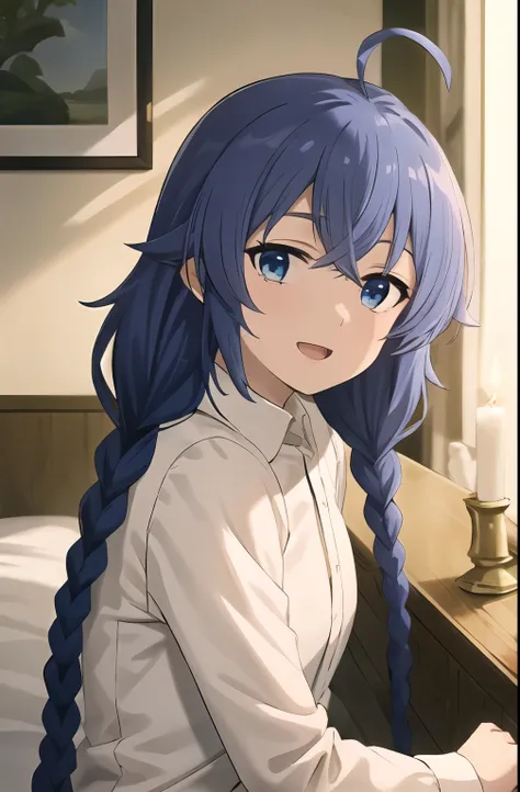 best quality, (masterpiece:1.2), detailed,
1girl, solo, open mouth, light smile,
twin braids, long hair, blue hair, ahoge, blue eyes,
white shirt, collared shirt,
sitting, on bed, looking at the viewer,
indoors, candle