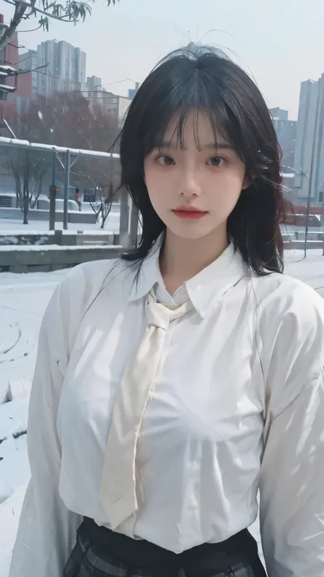 Best quality，masterpiece，Ultra-high resolution，snow，16K,Snow background，（Photo Realism：1.4),1 Girl，JK，Sexy，（Shirt and Tie：1.2),（Big breasts：2.3),（Upper body：1.4)