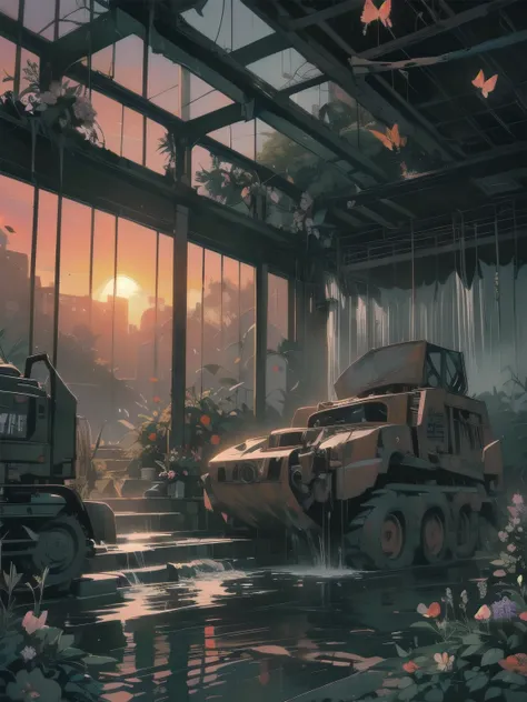 Detailed Machinery、Abandoned Factory、Atrium、(((Black flower garden)))、(((Rusty heavy equipment)))、Gorgeous light leaks、(((Sunset)))、fog、Detailed Background、Highest quality、(((No humans)))、Broken heavy machinery、Complex heavy machinery、Faint lighting、(((Flu...