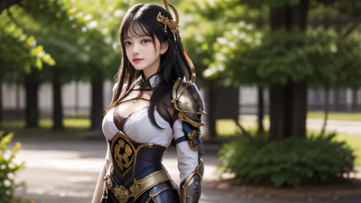 1girl,fullbody,raiden boss,solo,breasts,outdoors,black hair,blurry background,hair ornament,long hair,blurry,armor,looking at viewer,cleavage,bangs,medium breasts,standing,day,realistic,jewelry,
