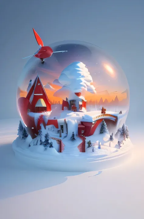 There is a snow globe，There is a child riding a hot air balloon,The theme color is red， 3d illustration, 3d matte illustration, 3D rendering style, Stylization，Behance，3D Art Trends,3D low-poly rendering，Depicted as 3D rendering，High rendering quality，High...