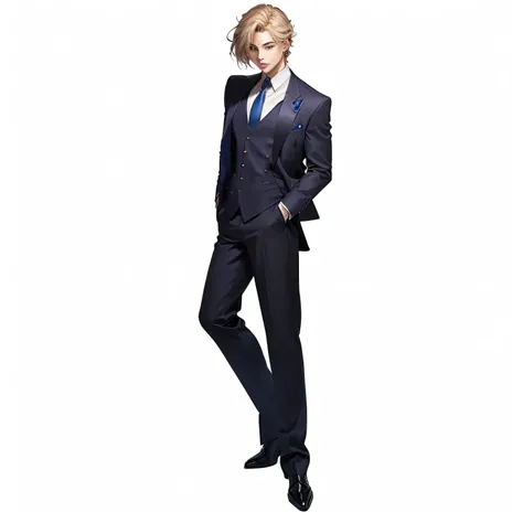 anime character in a suit and tie standing with his hands in his pockets, handsome anime pose, tall anime guy with blue eyes, official character art, single character full body, anime handsome man, full body single character, male anime character, doing an...