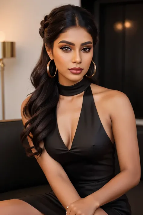 Create an ultra-realistic image of a modern, attractive female influencer of Indian descent, aged between 27 to 30. She should have a warm and inviting smile, expressive almond-shaped eyes with a slight shimmer, and clear, glowing skin with a medium brown ...