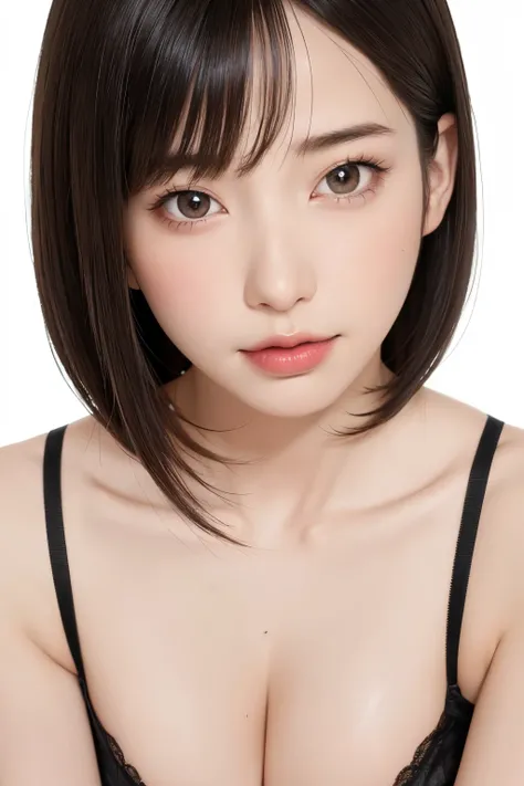 ((masterpiece, Highest quality, High resolution、Everything is beautifully detailed)), 1 girl, (Realistic: 1.4), alone, White Background, snow-White Background, Mouth closed, smile, smile, Beautiful black hair, short hair, Big eyes, Transparent double eyeli...