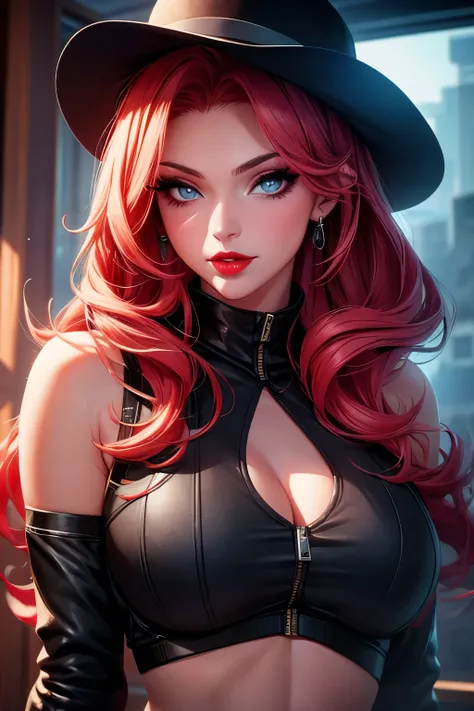 Miss Fortune, CG 8k ultra-realista, beautiful woman, seductive eyes, make-up, red lips, casual clothes 