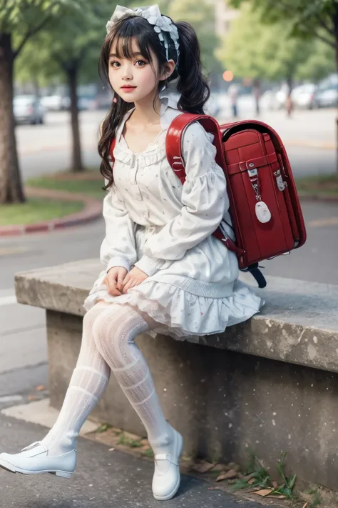 masterpiece, realistic, best quality, realistic. the top is a white frilled blouse with a light blue cardigan. for the skirt, pa...