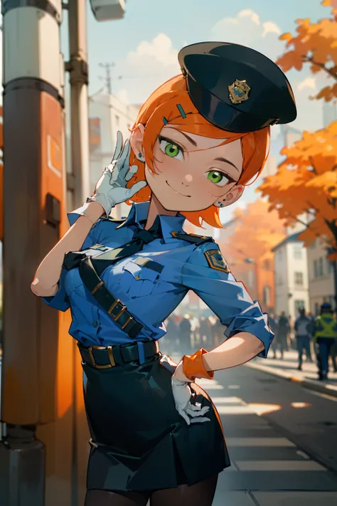 (masterpiece, best quality), 1girl(beautiful face, gwendolyn_tennyson, breasts, orange hair,  short hair, green eyes),detailed face, smile, solo, head tilt, police woman,  low blue shirts, belts,  dark blue  skirt,  brown pantyhose,  police hat, white glov...