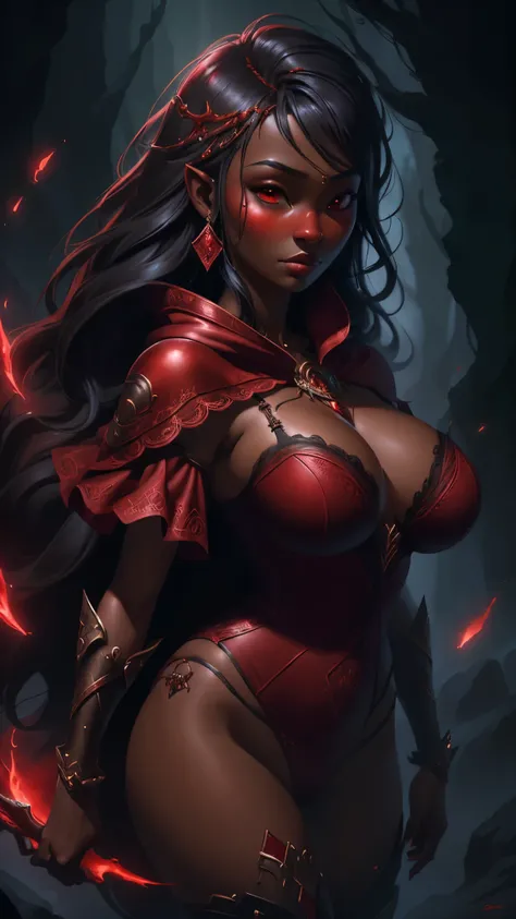 girl with big breasts, with exotic red clothing, dark ebony skin, round and big butt, Epic Fantasy Art Style HD, 4K fantasy art, epic fantasy digital art style, epic fantasy art style, Fantasy Woman, epic fantasy art portrait, Epic fantasy style, hyperreal...