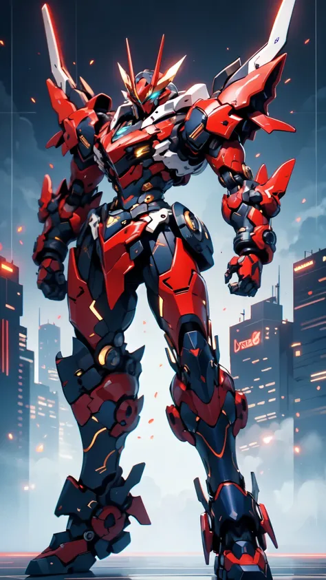 (masterpiece:1.5, best quality:1.5, extremely delicate:1.5), humanoid Mecha, fully enclosed shoulder guards, matching arm and leg guards, full body, full armor, the design balances heavy with agility, (the color scheme is primarily white with red and blue ...