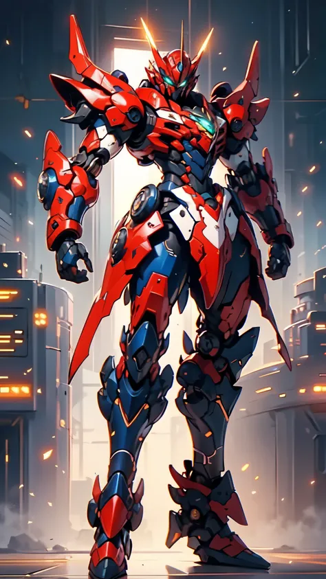 (masterpiece:1.5, best quality:1.5, extremely delicate:1.5), humanoid Mecha, fully enclosed shoulder guards, matching arm and leg guards, full body, full armor, the design balances heavy with agility, (the color scheme is primarily white with red and blue ...