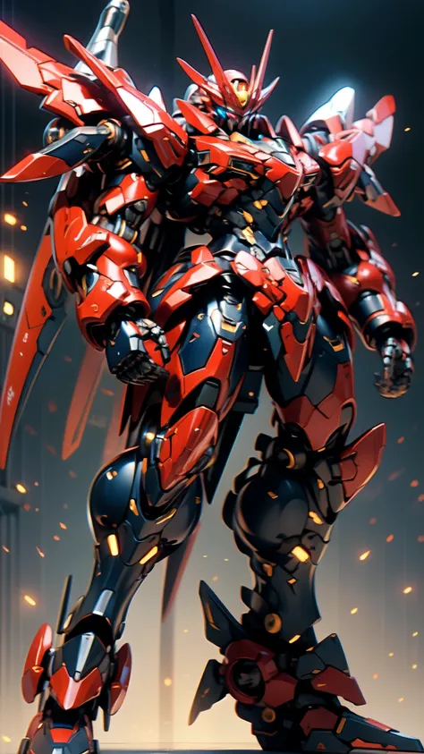 (masterpiece:1.5, best quality:1.5, extremely delicate:1.5), humanoid Mecha, fully enclosed shoulder guards, matching arm and leg guards, full body, full armor, the design balances heavy with agility, (the color scheme is primarily white with red and blue ...