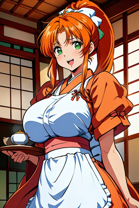 アニメ,アニメ cel style,アニメ style,high resolution, (fukawa_miku, green eyes, orange hair, long hair, ponytail, ), gigantic breasts,(ja...