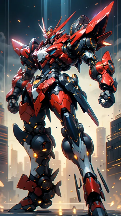 (masterpiece:1.5, best quality:1.5, extremely delicate:1.5), humanoid Mecha, fully enclosed shoulder guards, matching arm and leg guards, full body, full armor, the design balances heavy with agility, (the color scheme is primarily white with red and blue ...