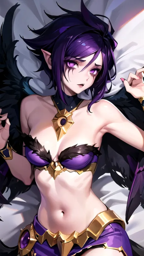 masterpiece, best quality, 1girl, morgana, dark purple hair, short hair, purple eyes, bare shoulders, dress, crop top, off shoulder, solo, wings, looking at viewer, Lying on bed, 1boy, pov, missionary, pov making out on the girl, pov chest, 