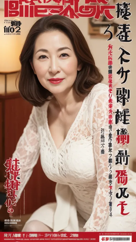 Poster, Mature Woman, Our eyes met, Japanese painting gravure, senior citizen, Draw lips correctly, Red lipstick, No discomfort, 120 years old, 16K, Highest quality, Very detailed, Realistic, Very detailed肌, (Japanese), alone, Large Breasts, Neighborhood W...