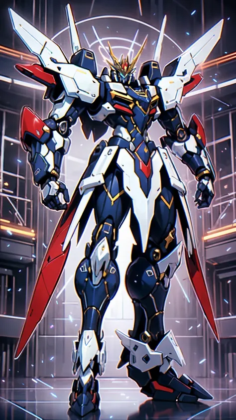 (masterpiece:1.5, best quality:1.5, extremely delicate:1.5), humanoid Mecha, fully enclosed shoulder guards, matching arm and leg guards, full body, full armor, the design balances heavy with agility, (the color scheme is primarily white with red and blue ...