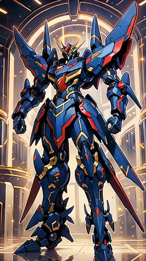 (masterpiece:1.5, best quality:1.5, extremely delicate:1.5), humanoid Mecha, fully enclosed shoulder guards, matching arm and leg guards, full body, full armor, the design balances heavy with agility, (the color scheme is primarily white with red and blue ...