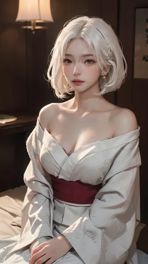 ((Hairstyled white hair:1.5))(Japan kimono with cherry blossom pattern:1.3), Symmetric, (highest quality, Photorealistic:1.4, Raw photo:1.2, Cinematic light, Highly detailed illustration), (1woman:1.3, alone), (Asian Girl, Very delicate face, Super beautif...