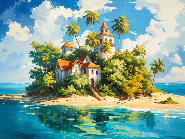 painting of a small island with a church on top of it, island landscape, tropical island, tropical coastal city, artwork, by Wojciech Weiss, tropical landscape, dmitry spiros, by Bencho Obreshkov, beautiful art uhd 4 k, island in a blue sea, beautiful pain...