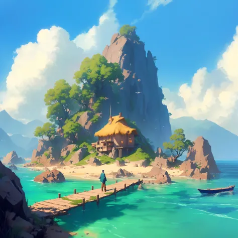 There is a small island there，There is a small house on top, Digital Concept Art, Relaxation concept art, Ross Chen. Landscape background, stylized concept art, Concept Art Digital Illustration, Artie Guerin 8K, Colorful concept art, environment design ill...