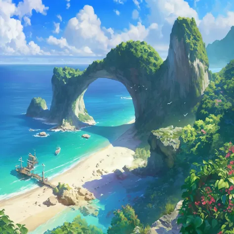 There is a painting，The painting is about the beach，There is a boat in the water, Anime Landscape concept art, Ross Chen. Landscape background, beautiful Anime Landscape, Anime Landscape, Anime Background Art, Anime Landscape, Anime Landscape wallpaper, An...