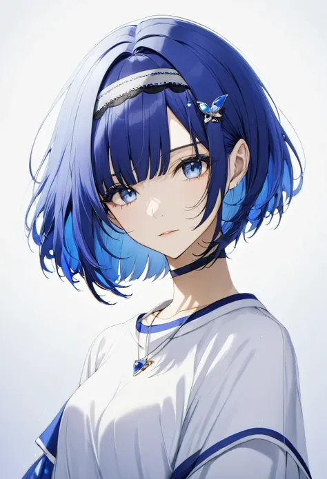 blue hair,blue eyes,short hair,jewelry hairband, short hair, bob cut