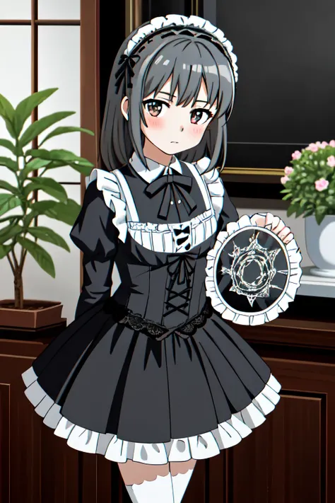 1 girl,Frilled Gothic Lolita, skirt, (Lace:1.4),Dynamic poses,(Close-up of face:0.9),indoors,plant,