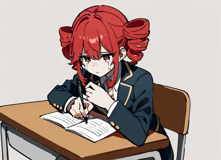 Girl, red hair, school blazer, crying, sitting at desk, taking written test, holding pen