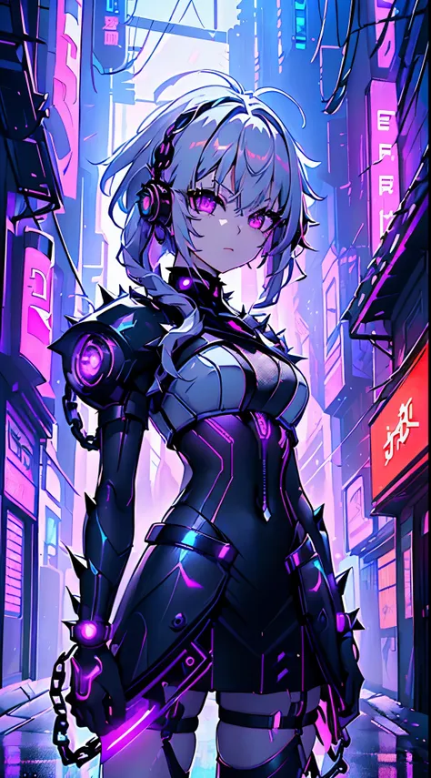 top-quality、top image quality、​masterpiece、android girl((sixteen years old 、broken, skinny , cybersuit glowing black, red and wh...