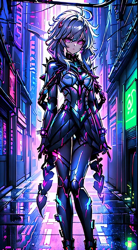 top-quality、top image quality、​masterpiece、android girl((sixteen years old 、broken, skinny , cybersuit glowing black, red and wh...