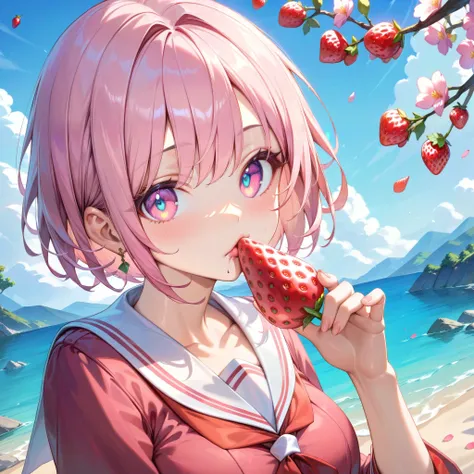 score_9, score_8_up, score_7_up, score_6_up, score_5_up, score_4_up, best quality, masterpiece, (detailed eye), 1girl, Japanese girl, BREAK 

High school girls in sailor suits eating strawberries under a cherry tree