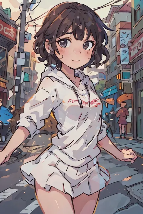 (best quality:0.8) perfect anime illustration, a beautiful, on the city streets，happy woman with short brown curly hair, wearing...