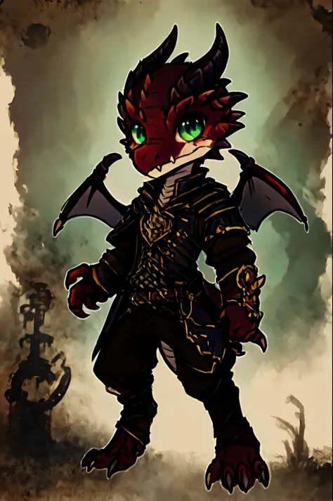 (((kobold,male, solo, winged kobold boy, dark red scales,fantasy clothes, artficer,steampunk, dragon wings, dragon tail, small, chibi))), artficer clothes, warm color clothes, fantay clothes,sea green eyes, artficer,small heigth, 54 centimertes heigth,horn...