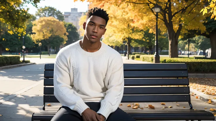 (( black male, 22 years old, handsome, strong built)) ((Wearing square design printed white sweater)) sitting on a bench in the park, looking around and reflecting on their life. The falling autumn leaves add to the contemplative mood.