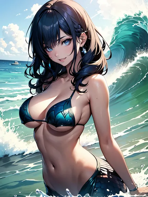 ((Seductive lady:1.3, solo:1.5))、((fusion of mermaid and lady:1.4))、((dynamic angle:1.2))、((cowboy shot))、blue hair、((swimming;1.3、in the sea))、((Wave Splash:1.2))、erect nipples、((underboob:1.3))、((collarbone))、((Glossy realistic skin texture))、((shiny ski...