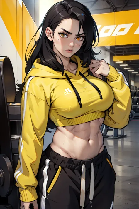 ((1girl bodybuilder)) pale skin black hair very long hair yellow eyes large breasts long hoodie sweatpants midriff close up