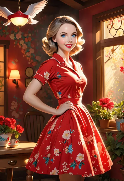 50s housewife. Full length. with warm lighting and shadows. must be of the highest quality, a masterpiece with intricate details. hands on hips. cute 50s housewife dress. Red High Heels. She should have luscious lips, a wide smile, and bright, expressive e...