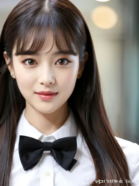 araffe asian woman with long brown hair and a black bow tie, jaeyeon nam, wan adorable korean face, korean girl, ulzzang, young adorable korean face, jinyoung shin, portrait of female korean idol, popular south korean makeup, popular korean makeup, portrai...