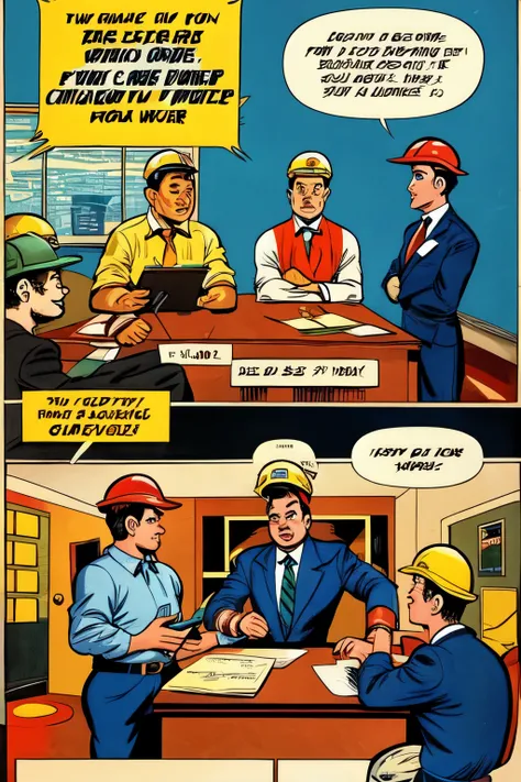 meeting in an office with a team of engineers and workers, meeting with the manager at a table! Vintage comics style