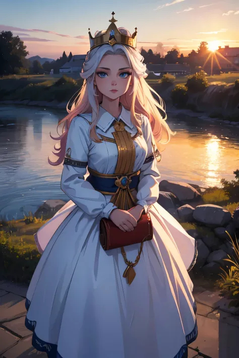 Woman in her 20s in Ukrainian costume Corolla crown with crown on her head Blue eyes River and blue sky in the background Evening light sunset realistic illustration