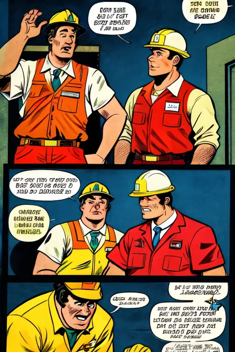 occupational safety team discussing the work accident! Vintage comics style
