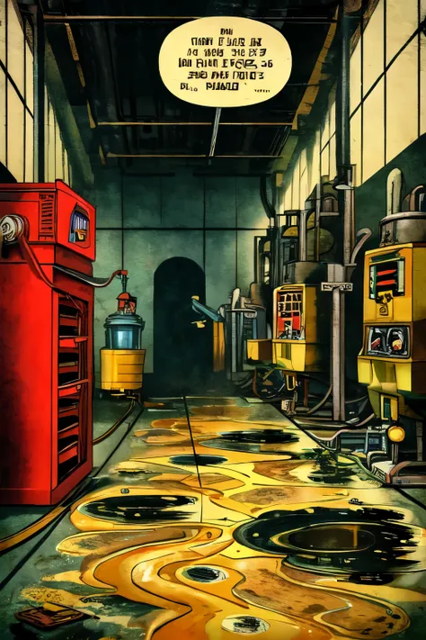 machine leaking oil in factory! Puddle of oil on the floor! vintage comic style
